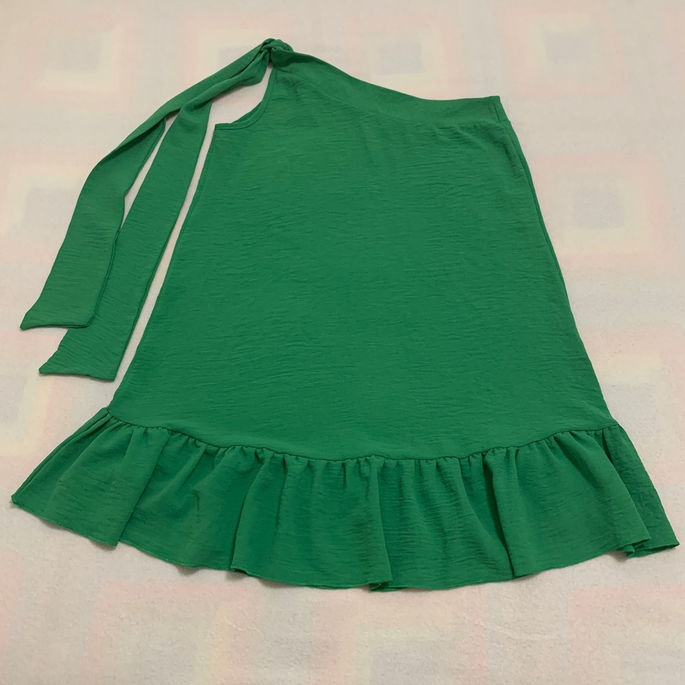 JODIFL Women's Size S Green Tie One Shoulder Ruffle Hem Mini Dress